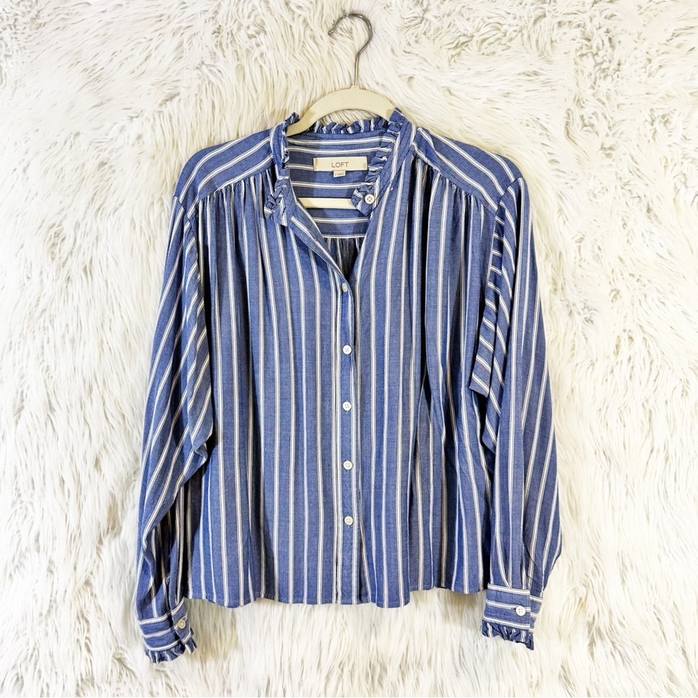 LOFT Blue and White Striped Button Down Shirt